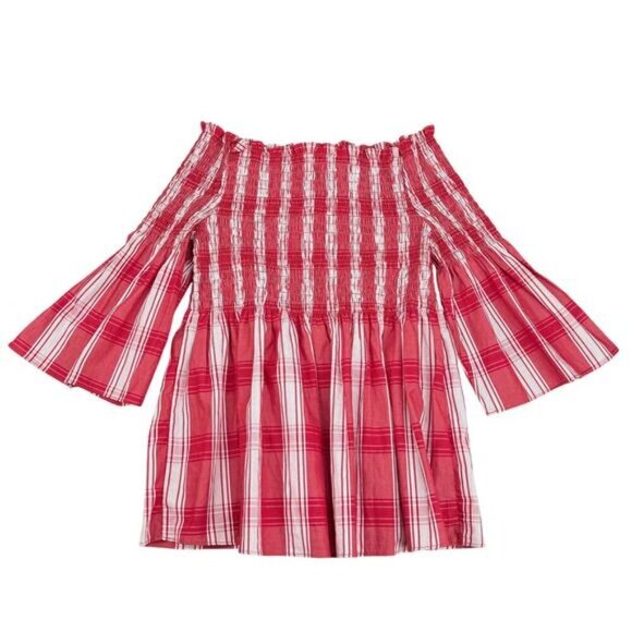 NWT ZARA Off the Shoulder Bell Sleeve Smocked Top Sz Medium Striped Red / White - Picture 2 of 5